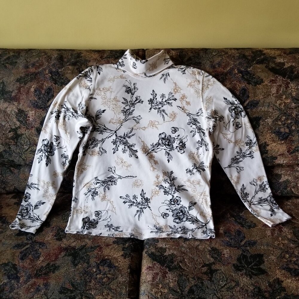 Ivory turtle neck, gold/black flowers/leaves, cotton top, M, vintage, White Stag